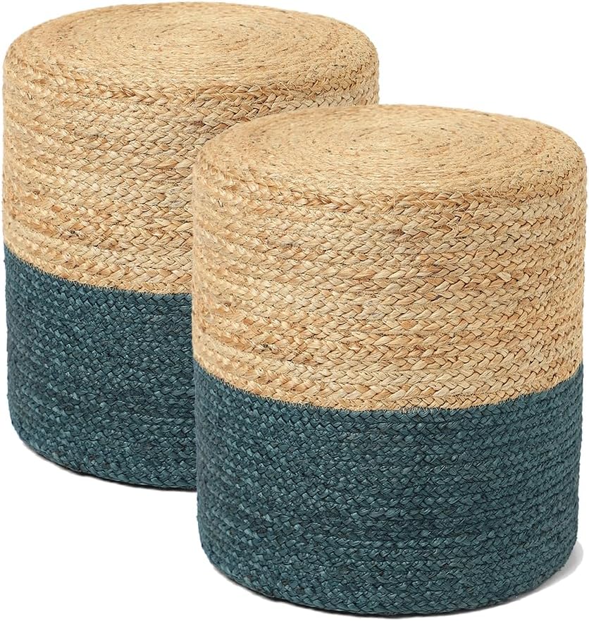 REDEARTH · Cylindrical Pouf Foot Stool Ottoman - Jute Braided Pouffe Poof Accent Sitting Footrest for Living Room, Bedroom, Nursery, Patio, Lounge Set of 2 (Natural Teal, 14.5"x14.5"x16")