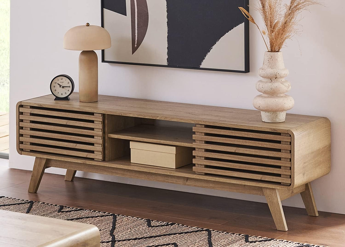mopio Ensley TV Stand, Mid Century Modern for 55/60/65 inch TV, Farmhouse TV Stand, Entertainment Center with Storage, TV and Media Consol for Living Room (Oak, 59")