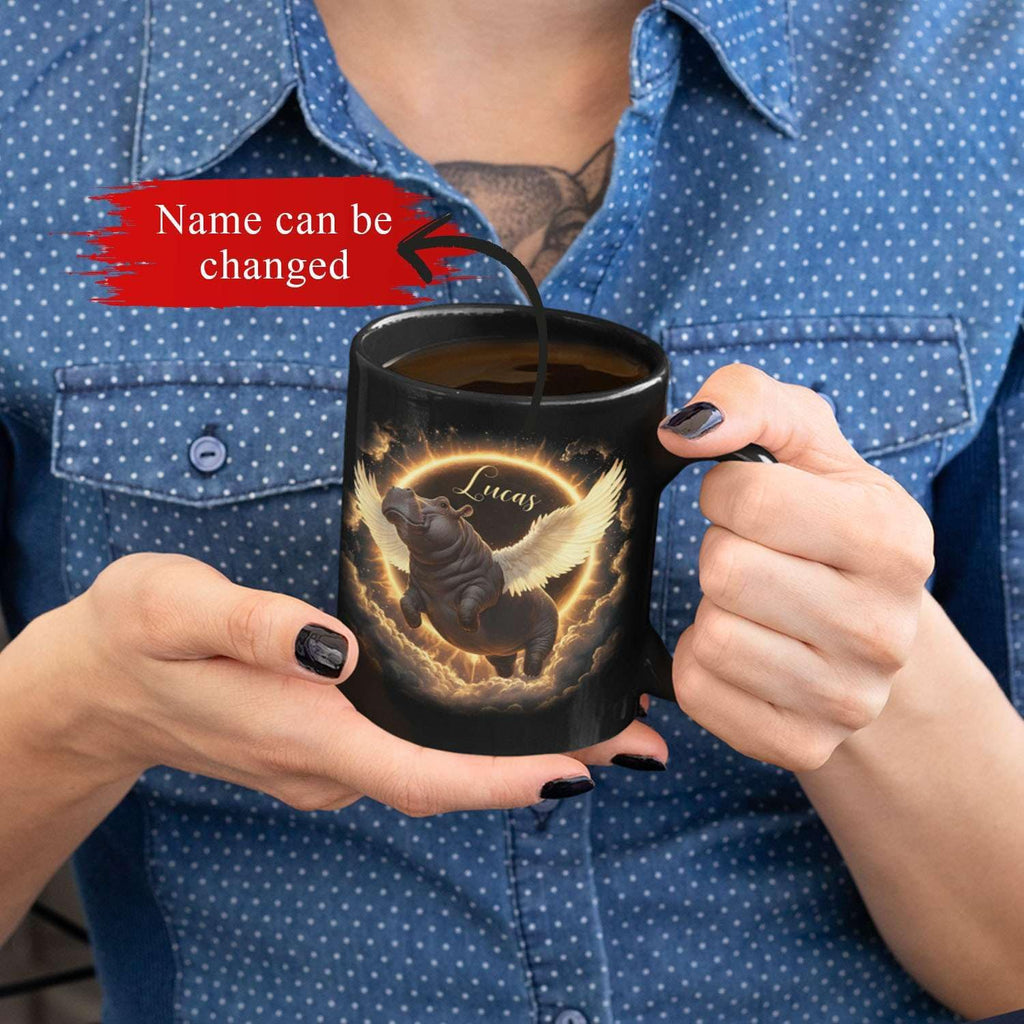 Personalized Choose Name Coffee Mug, Custom Hippo Ceramic Coffee Cup 11oz 15oz, Fantasy Animal Black Cup for Kids, Custom Whimsical Hippo with Wings Mug, Gifts for Holiday