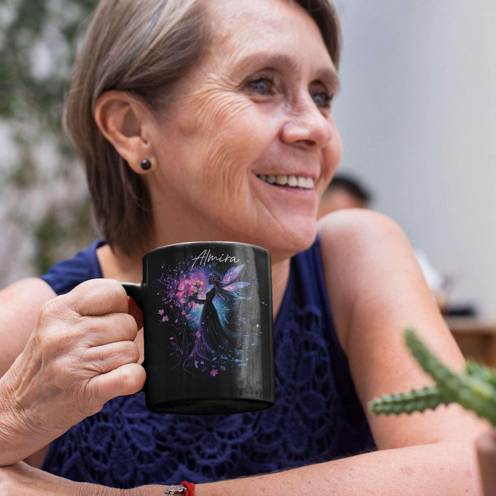 Personalized Beautiful Fairy Holding Flower Coffee Mug, Custom Name Ceramic Cup 11oz 15oz, Enchanted Fantasy Themed Mug, Custom Fairy Lovers Black Cup, Kids Mug, Elegant Fairy Mug