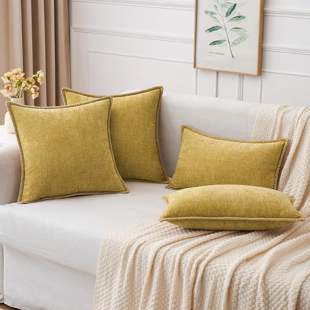 MIULEE Pack of 2 Couch Throw Pillow Covers 20x20 Inch Mustard Yellow Farmhouse Decorative Pillow Covers with Stitched Edge Soft Chenille Solid Dyed Fall Pillow Covers for Sofa Bed Living Room