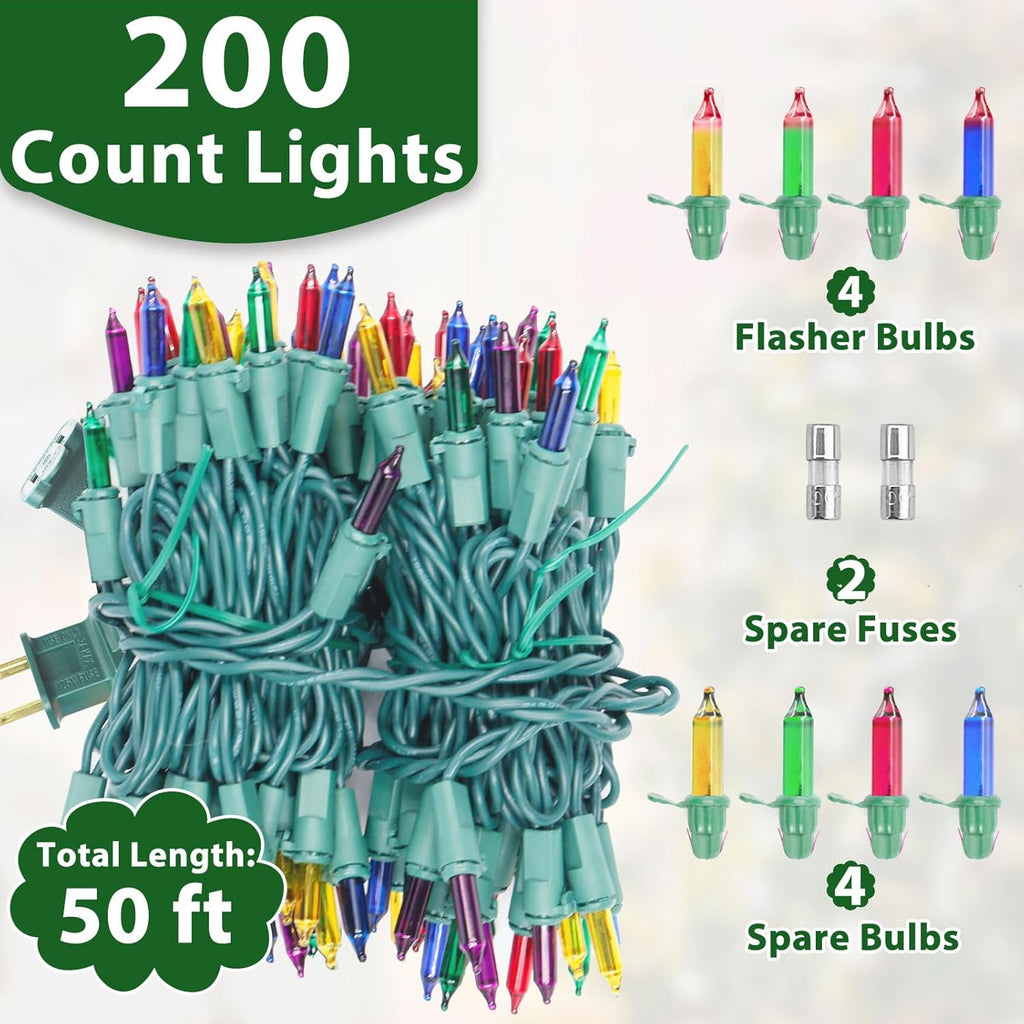 Multicolor Christmas Lights String 50FT 200 Count Incandescent Bulbs Mini Lights with Green Wire for Christmas Tree, Garland, Wedding, Party, Home, Indoor & Outdoor Festival Decoration