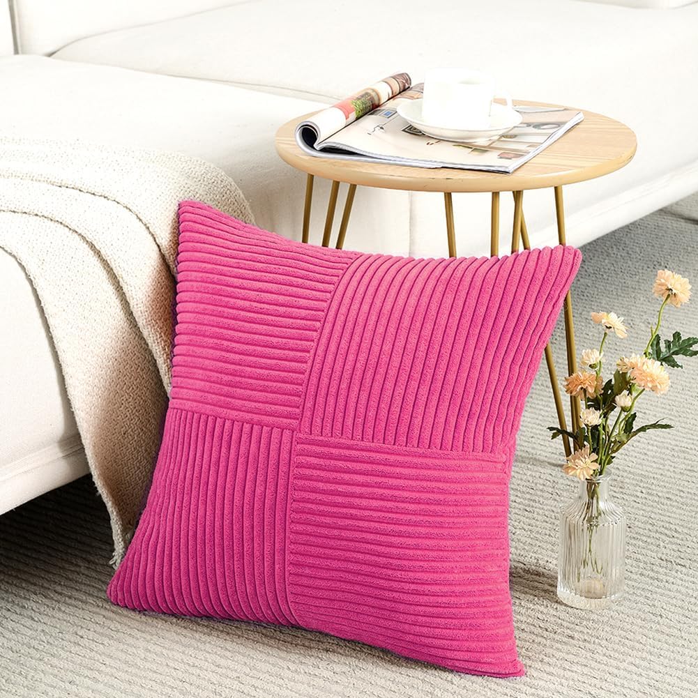 Fancy Homi 2 Packs Hot Pink Euro Decorative Throw Pillow Covers 26x26 Inch for Couch Bed Sofa, Rustic Farmhouse Boho Home Decor, Soft Corss Corduroy Patchwork Textured Square Cushion Case 66x66 cm