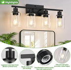 4-Light Bathroom Light Fixtures, Matte Black Modern Vanity Lights with Clear Glass Shades, Bathroom Wall Lamp for Mirror Living Room Cabinet Bedroom Porch