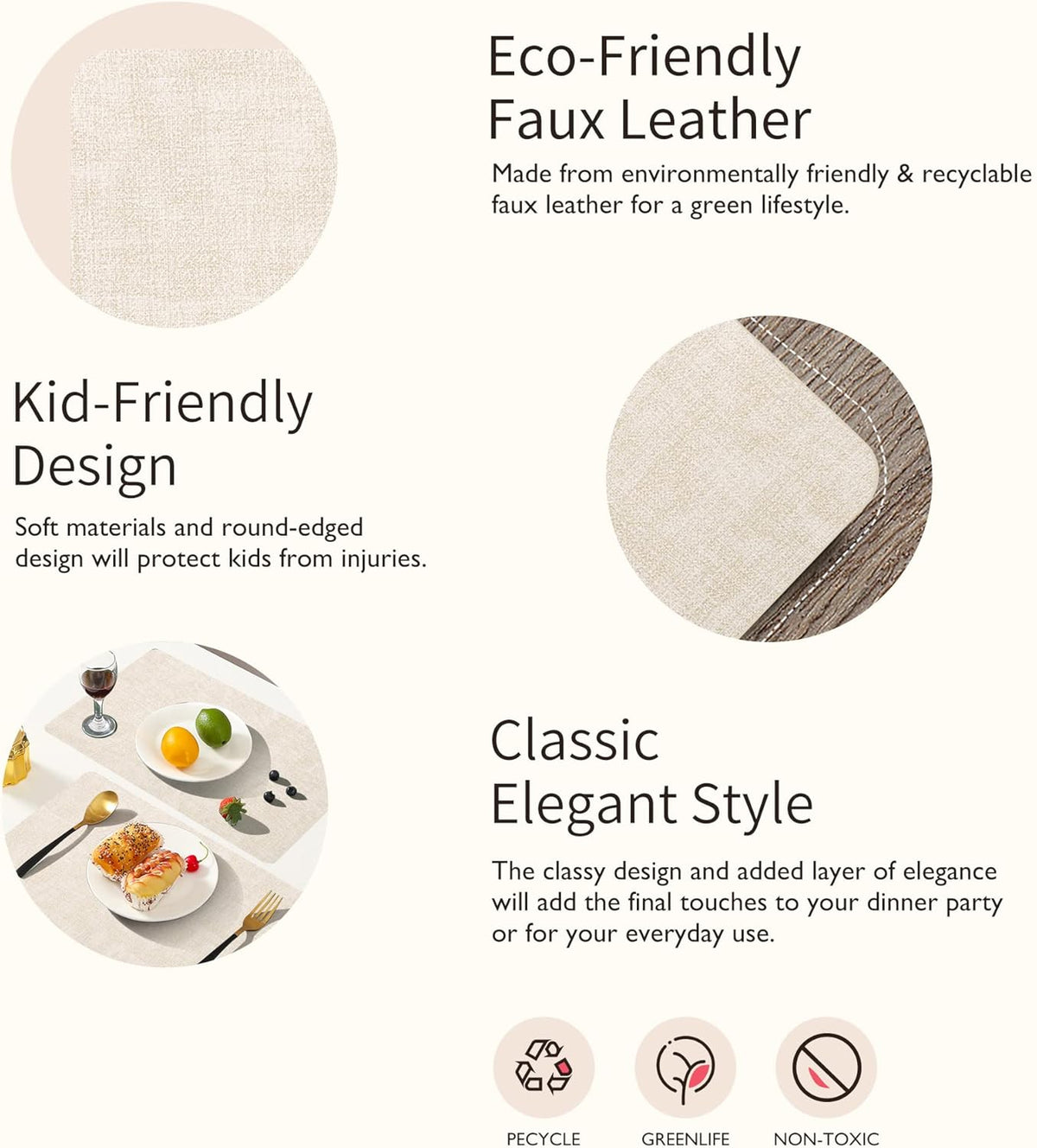 Maxpearl Faux Leather Placemats Set of 4 - Waterproof - Wipe Clean - Heat Resistant - Anti Slip Dining Table Place Mats, Suitable for Indoor & Outdoor Use, 17’’×12’’, Beige