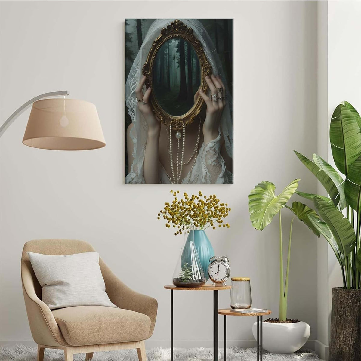 Mirror face covering dark art poster print melancholy gothic painting vintage feminine print victorian style decoration antique art20x30in Wood Framed