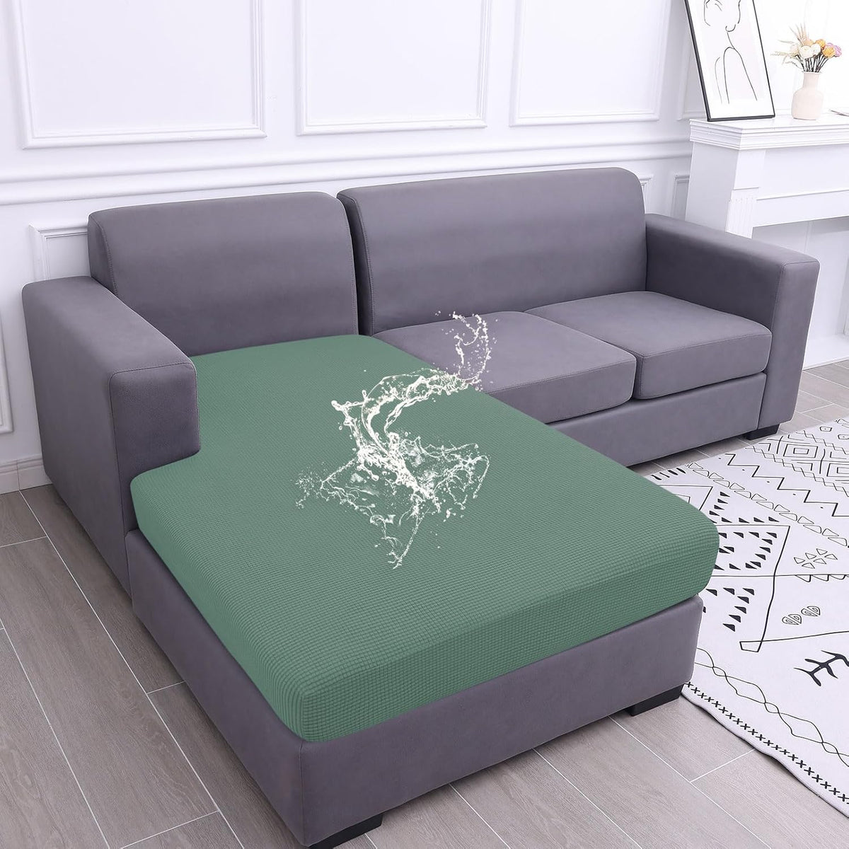 hyha Waterproof Sectional Couch Covers, Non Slip Sofa Couch Cushion Covers L Shape, Thick Stretch Jacquard Fabric, Washable Sofa Slipcovers with Elastic Bottom (1 Piece for Chaise, Green)