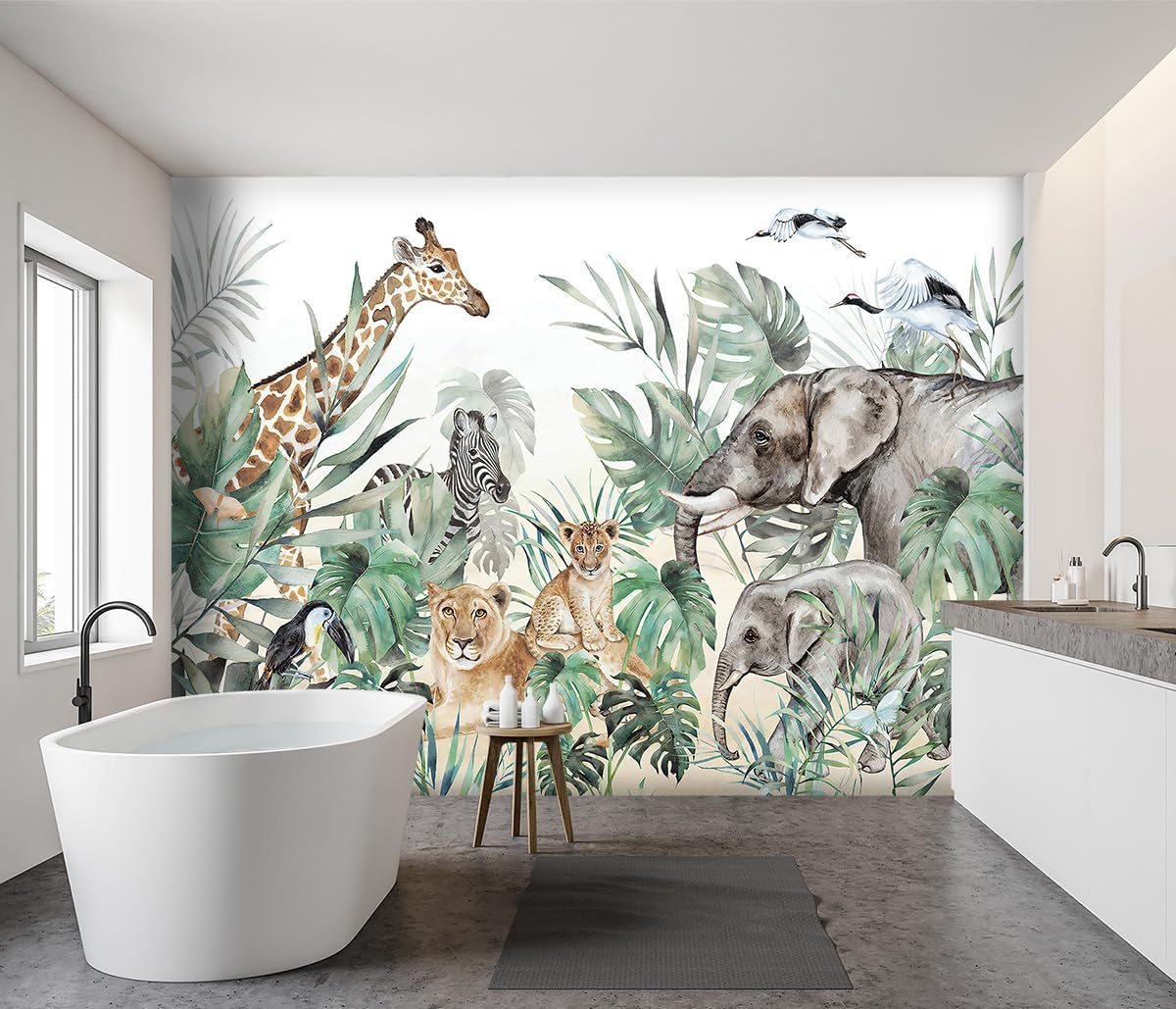 -Tropical Rainforest Plants Animals Tigers Fabric Wallpaper Jungle Plants Banana Leaves Boys Girls Kindergarten Children Bedroom Large Mural- 160"x108"（ not Peel and Stick）