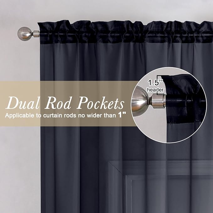 Black Sheer Curtains 54 Inch Length 2 Panels Set, Lightweight Short Curtains - Image 2