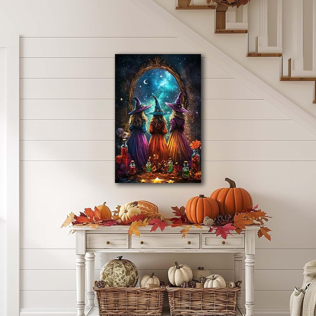 Witch Poster Halloween Fall Wall Art Decor,Three Witches with Magic Potion Mirror Colorful Vintage Print,Dark Academia Spooky Canvas Art Prints for Home Living Room,24"x36" Framed