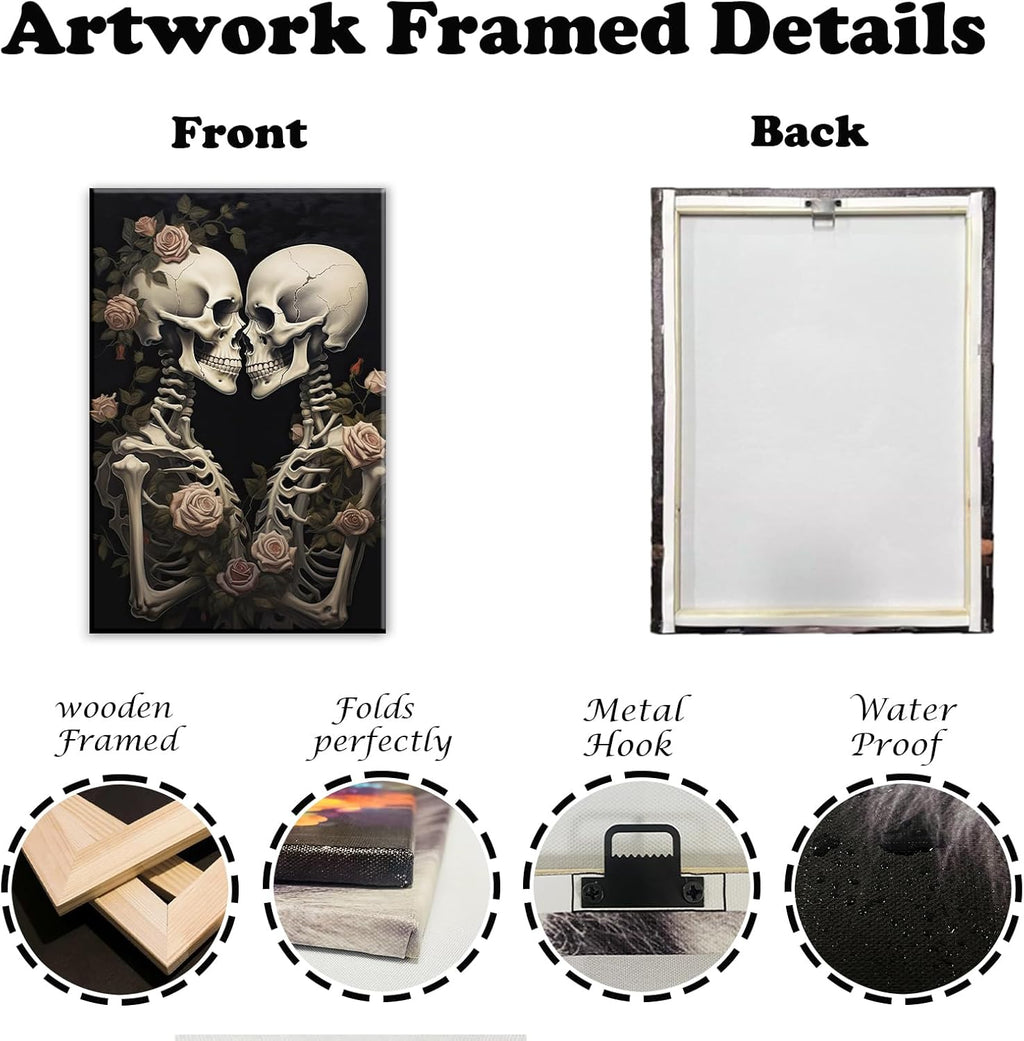 OAAPITI Vintage Skeleton Canvas Wall Art Gothic Painting Artwork Retro Rose Skull Art Poster Abstract Romantic Theme Picture Halloween Living Room Decor(Artwork-4,28"x42")