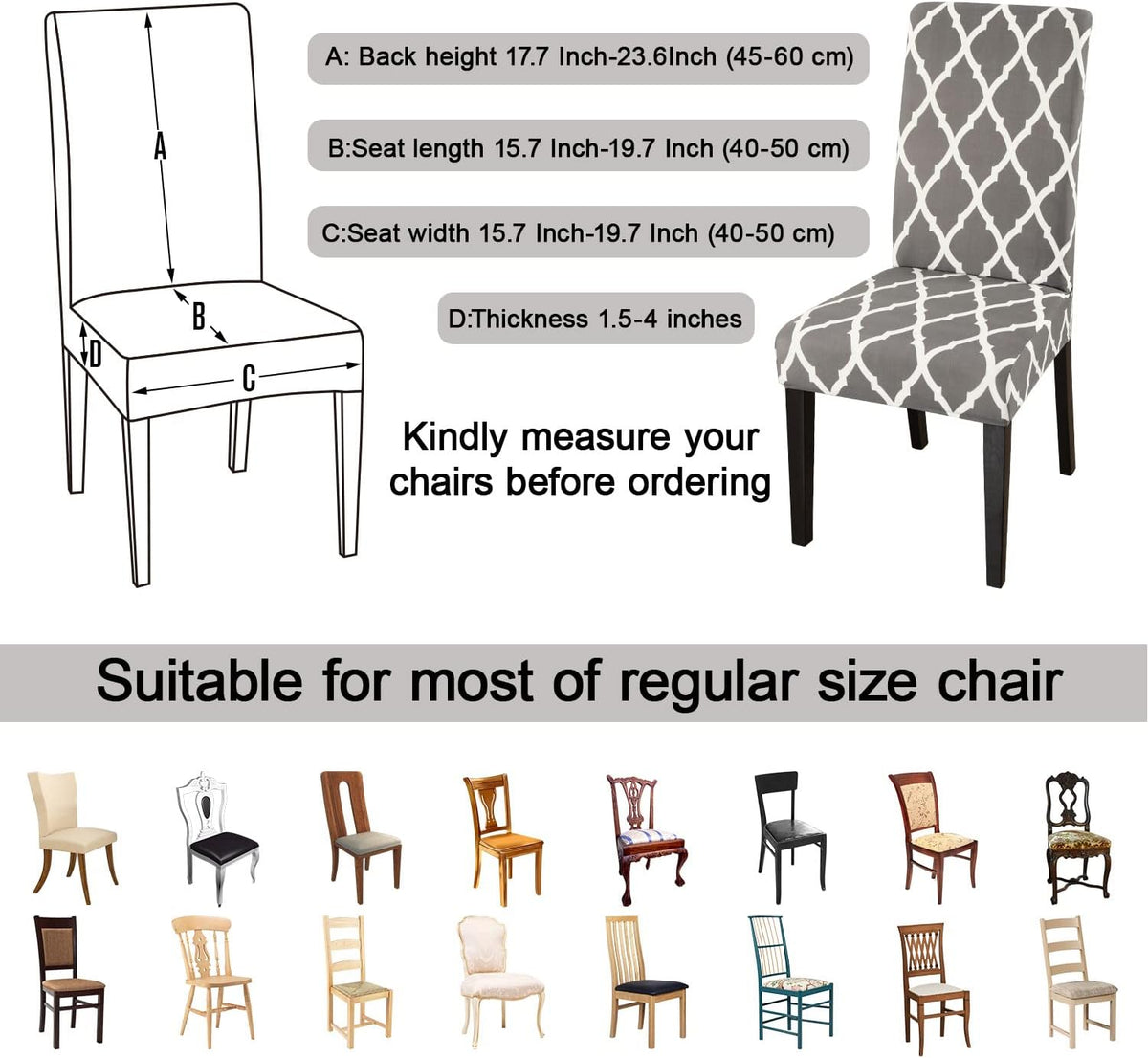 JQinHome Dining Chair Covers Set of 4, High Stretch Removable Washable Parsons Chair Slipcover for Home Party Hotel Wedding Ceremony (Grey White)