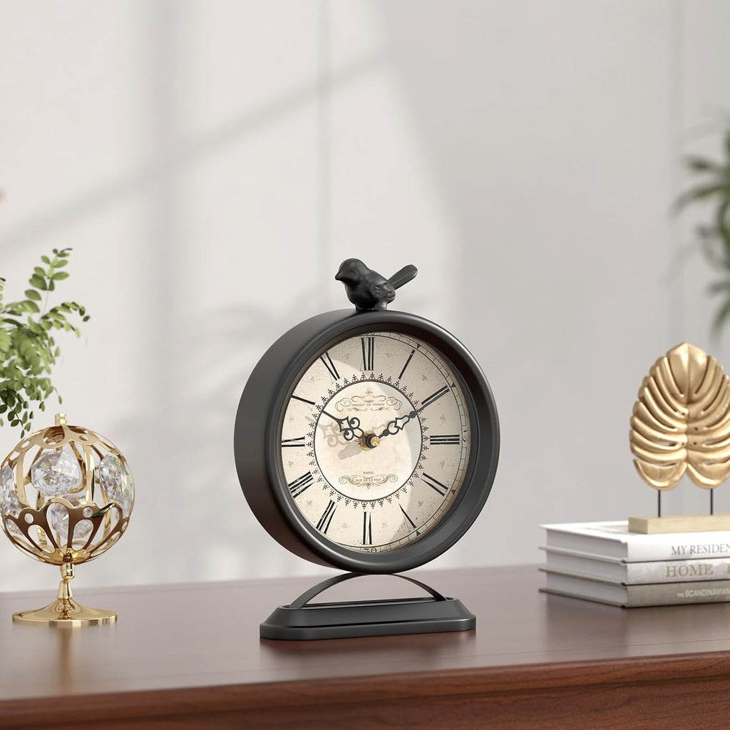 Vintage Table Clock with Bird, European Antique Style Black Mantel Clocks, Desk and Shelf Decor Clock, for Farmhouse, Bedside, Living Room, Bedroom, Gift (9" H x 6.5" W)