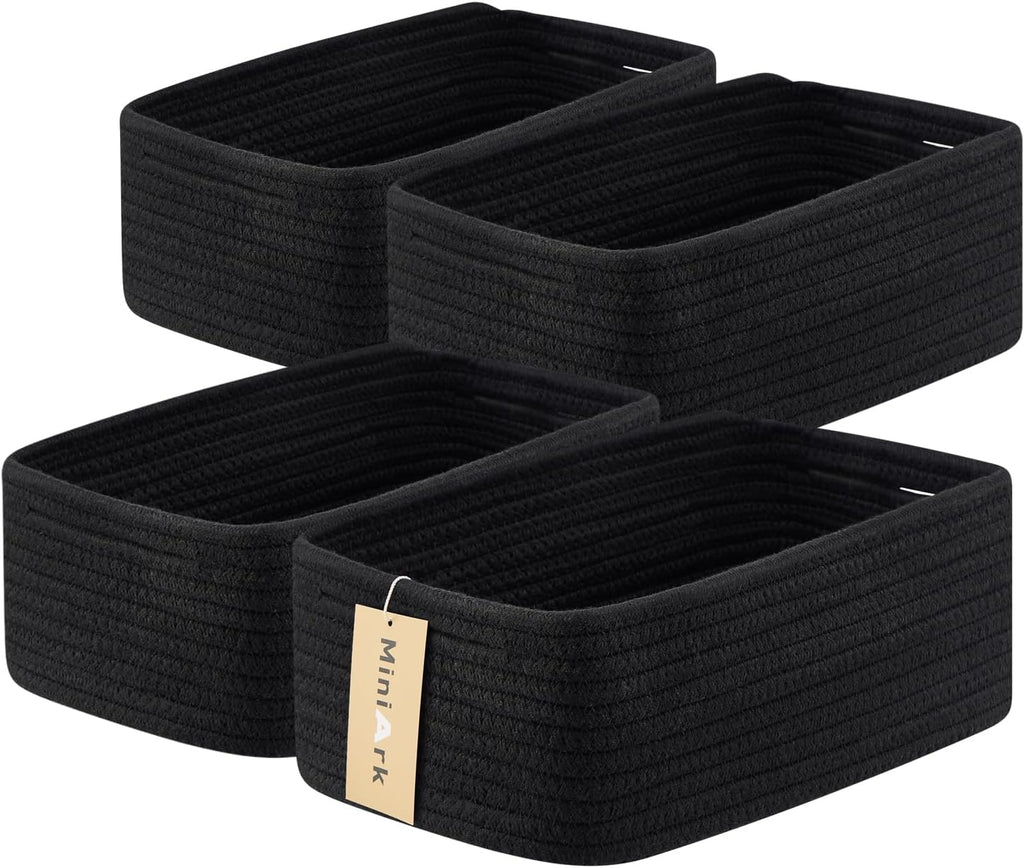 Small Storage Baskets for Organizing | Closet Organizer Bins | Shelf Toy Basket | Woven Rope Baskets | Cube Decorative Box | Shallow Basket | 13x8.5x5.1” | 4 Packs Black