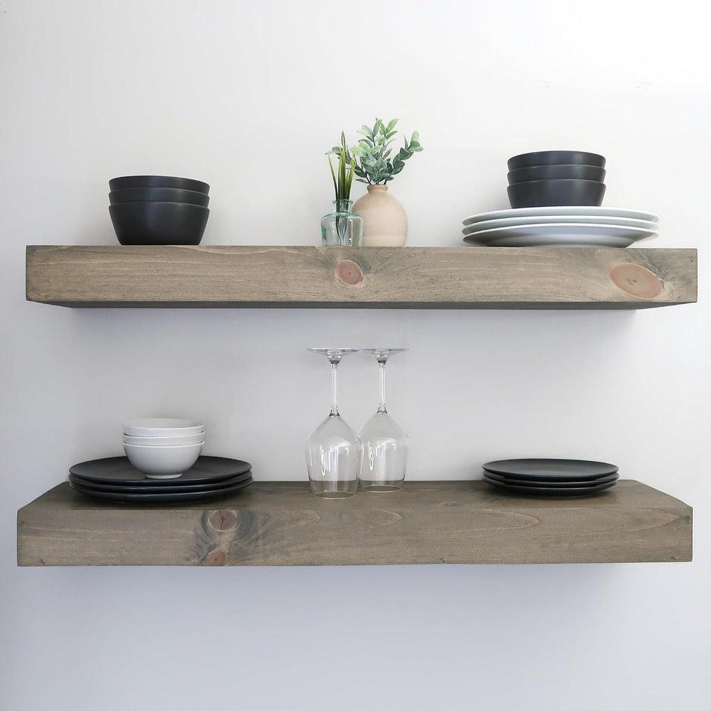 Modern Floating Shelves 3 Inches Thick for Wall, Wide Shelves for Kitchen, Living Room, Bedroom, and Bathroom, Natural Pine Wood, Rustic Wooden Shelf, (Set of 2) (Aged Barrel, 60Lx3Hx6D)