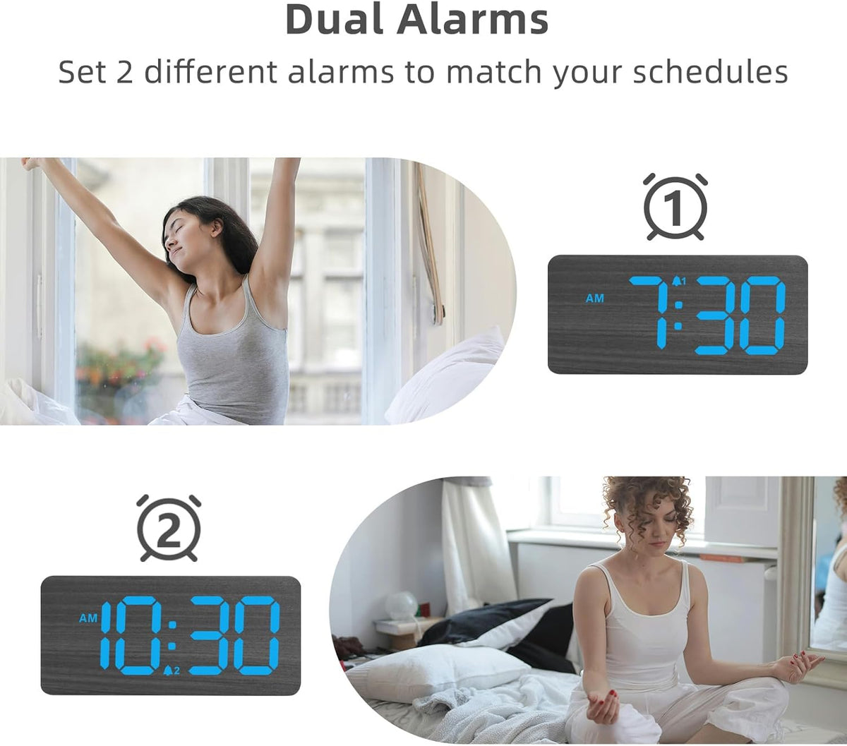 uscce Wooden Digital Alarm Clocks for Bedrooms: Dimmable Dual Alarm Clock with Large Numbers for Bedside Desk - Loud Alarm for Heavy Sleepers with Volume Control - Wood Decor & Gifts