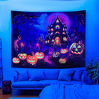 OSVINO Blacklight Halloween Castle Tapestry 79"x59" Pumpkins Ghosts Background Bedroom Aesthetic Hippie Room Decor Glow in The Dark Wall Poster for Halloween Easter