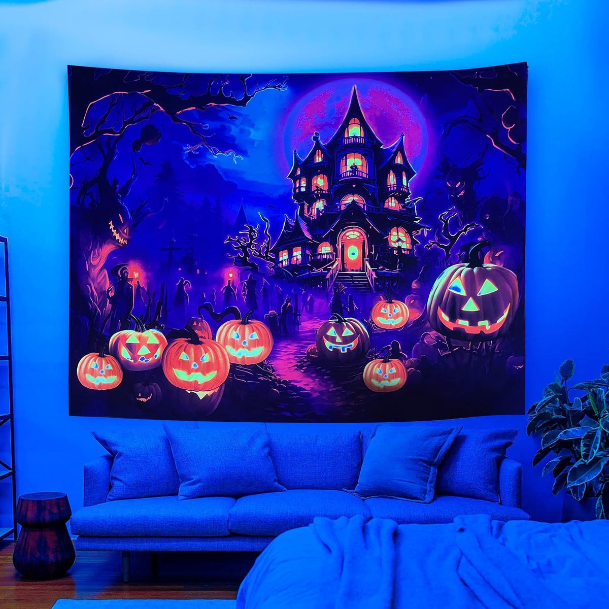 OSVINO Blacklight Halloween Castle Tapestry 79"x59" Pumpkins Ghosts Background Bedroom Aesthetic Hippie Room Decor Glow in The Dark Wall Poster for Halloween Easter