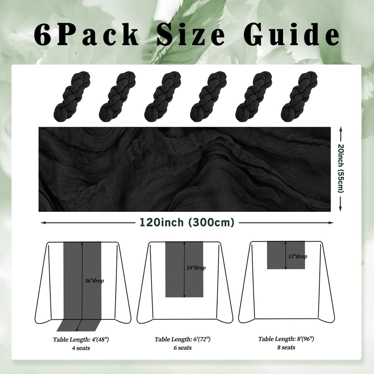 10FT 6 Pack Black Cheesecloth Table Runner 20 x 120 Inch Long Boho Fabric Rustic Cheese Cloth Table Runner for Wedding Bridal Shower Baby Shower Gauze Sheer Birthday Party Table Decorations