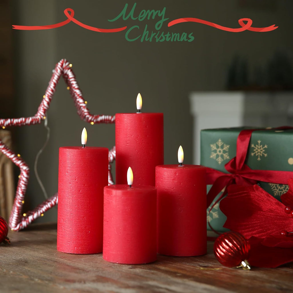 LUSHABOR Flameless Candles, 4 Pack Battery Operated Candles with Remote, Real Wax LED Fake Candles with Timer Flickering for Christmas Wedding Home Party D3 H 5" 6" 7" 9" Red