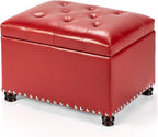 Joveco Leather Storage Ottoman, 24" Rectangle Square Bench Foot Rest Stool for Bedroom Living Room, Red