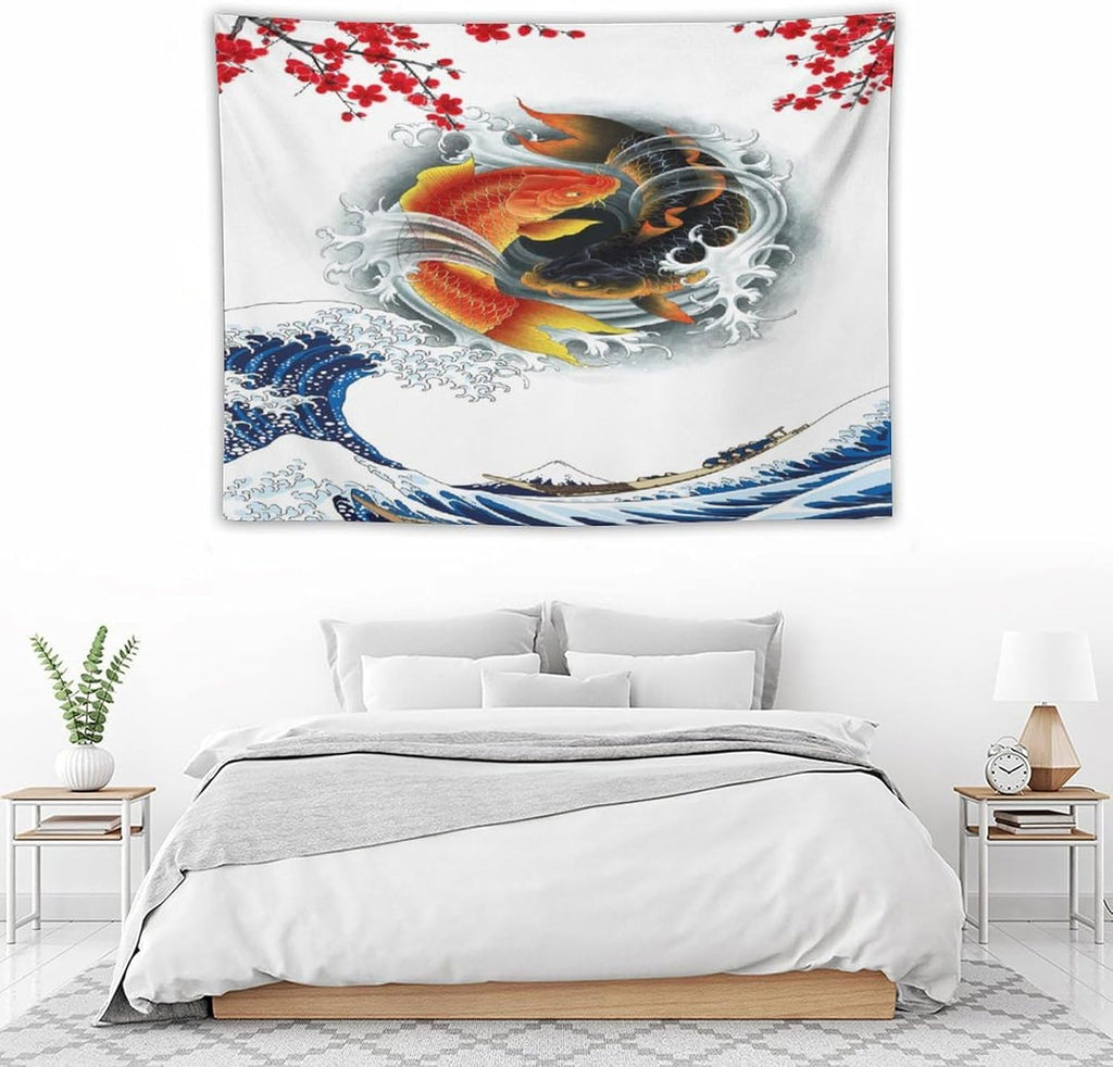 Houselerax Koi Fish Tapestry, Japanese Style Yin Yang Big Wave Cherry Blossoms Tapestries Wall Hanging for Bedroom Living Room Office Decor 40"x30"