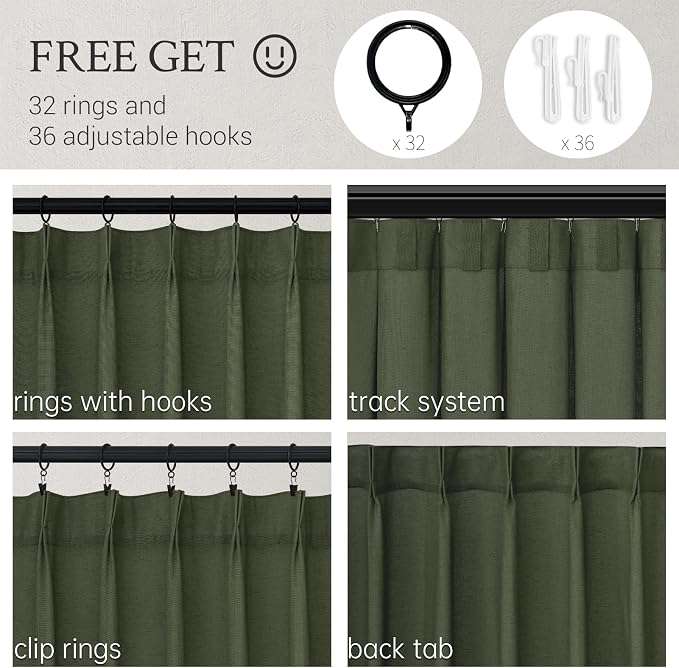 Topfinel 102 Inch Pinch Pleated Linen Curtains 2 Panels, Olive Green Semi Sheer - Image 2