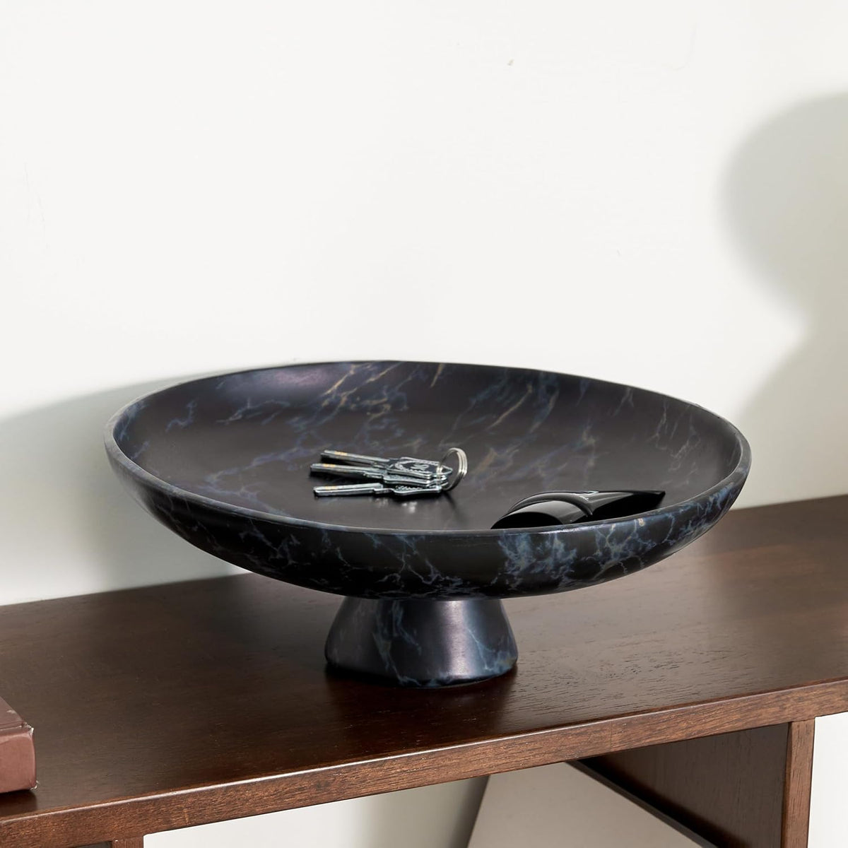 DN DECONATION Black Resin Decorative Bowl for Home Decor, 11.2" Pedestal Kitchen Fruit Bowl/Key Holder/Potpourri for Entryway Table, Coffee Table, Dining Room,Table Centerpiece, Black Decor