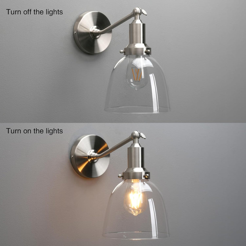 PERMO Industrial Vintage Slope Pole Wall Mount Single Sconce with 6.7" Oval Dome Clear Glass Shade Wall Sconce Light Lamp Fixture (Brushed Nickel)