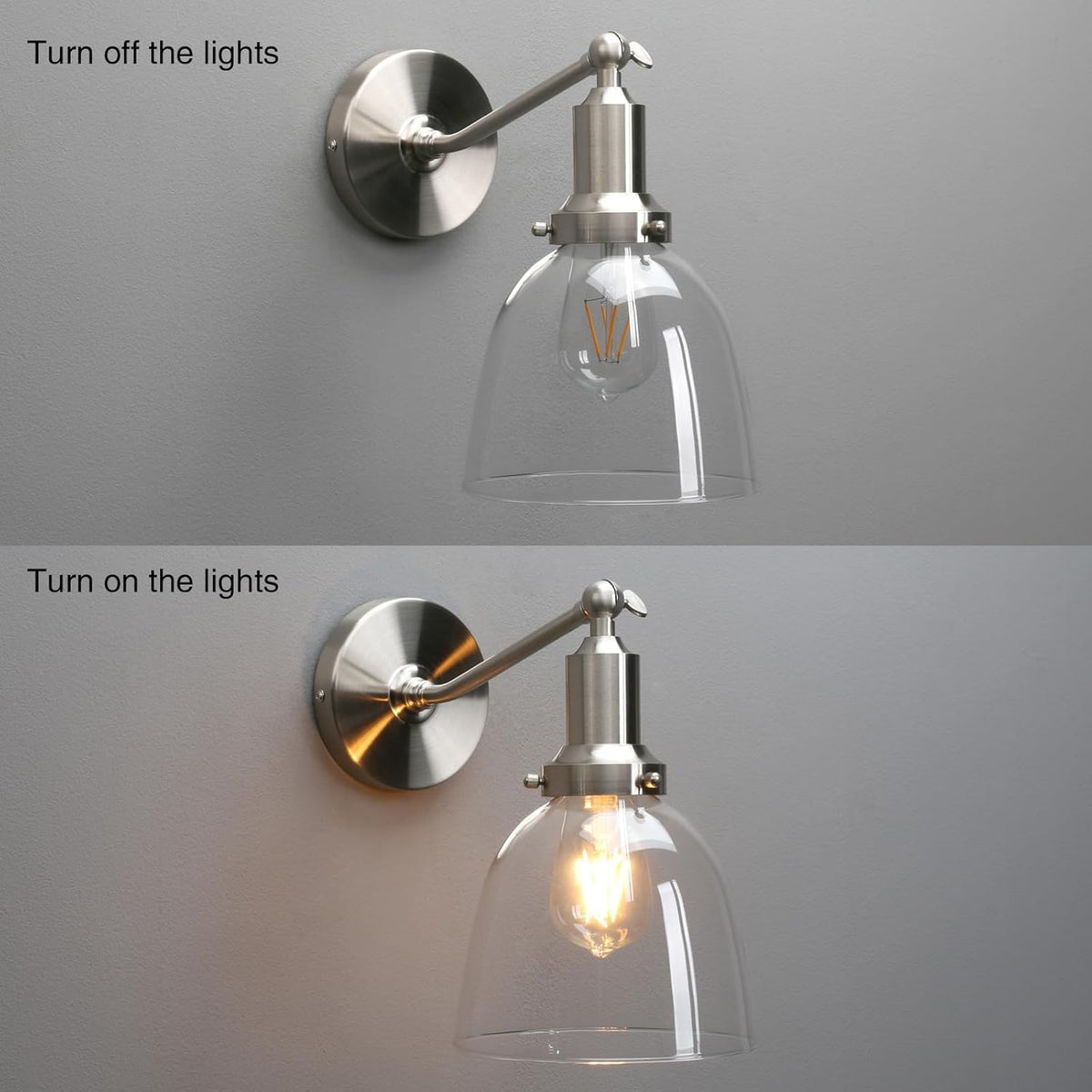 PERMO Industrial Vintage Slope Pole Wall Mount Single Sconce with 6.7" Oval Dome Clear Glass Shade Wall Sconce Light Lamp Fixture (Brushed Nickel)
