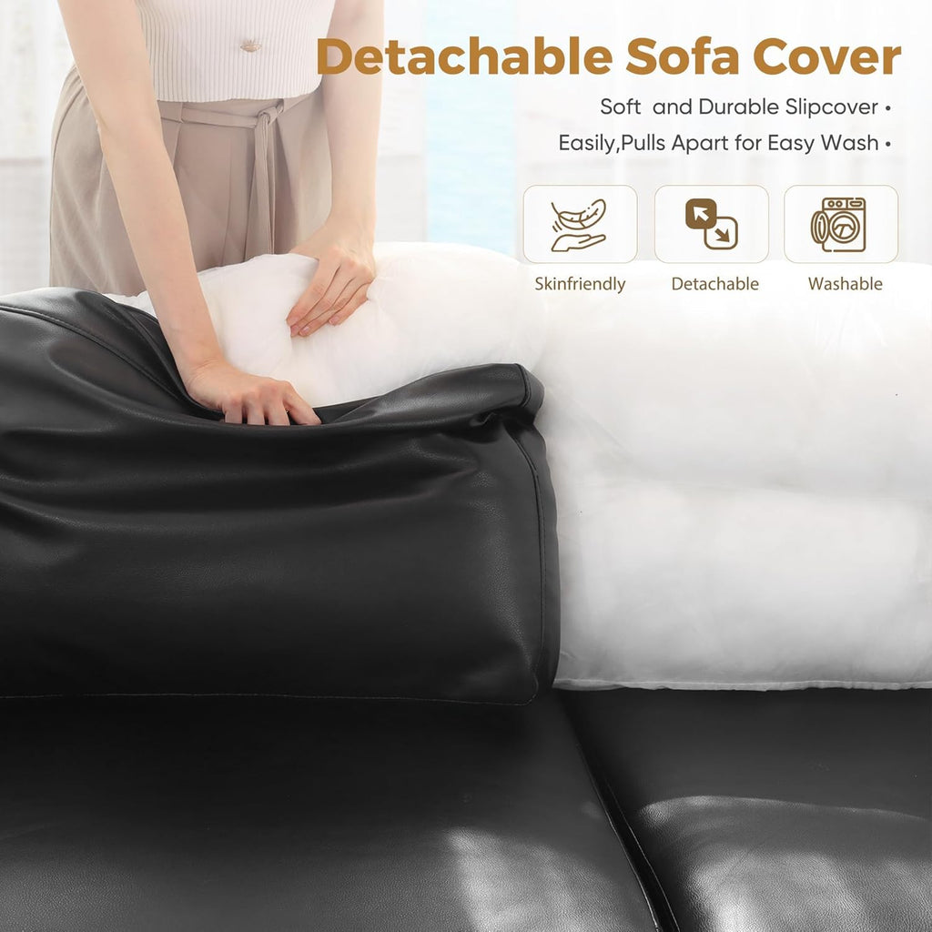91.5" Faux Leather Modular Sectional Sofa, L Shaped Couch Set for Living Room, 3-Seater Comfy Cloud Couches with Movable Storage Ottoman,DIY Combination - Black