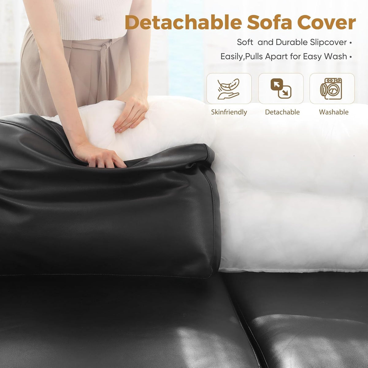 ABCASA 118.5" Faux Leather Modular Sectional Sofa, 7 Seater U Shaped Couch with Storage Seat with Reversible Chaise Deep Seat for Living Room Black