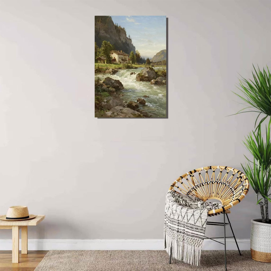 Vintage landscape rural scenery poster art farmhouse cottage wall decor living room kitchen quiet country stream suitable for bedroom bathroom