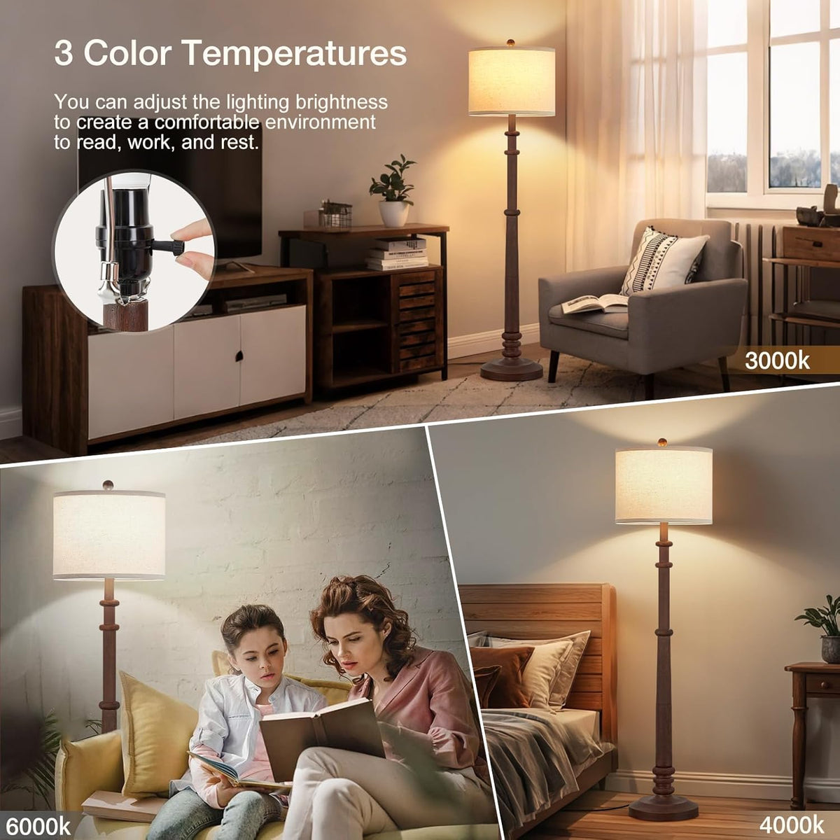 Floor Lamps for Living Room - 60" Resin Farmhouse Floor Lamp with 3 Color Temperatures - Vintage Standing Lamp Reading Light with Linen Shade Tall Lamp for Bedroom Office, Reddish Brown
