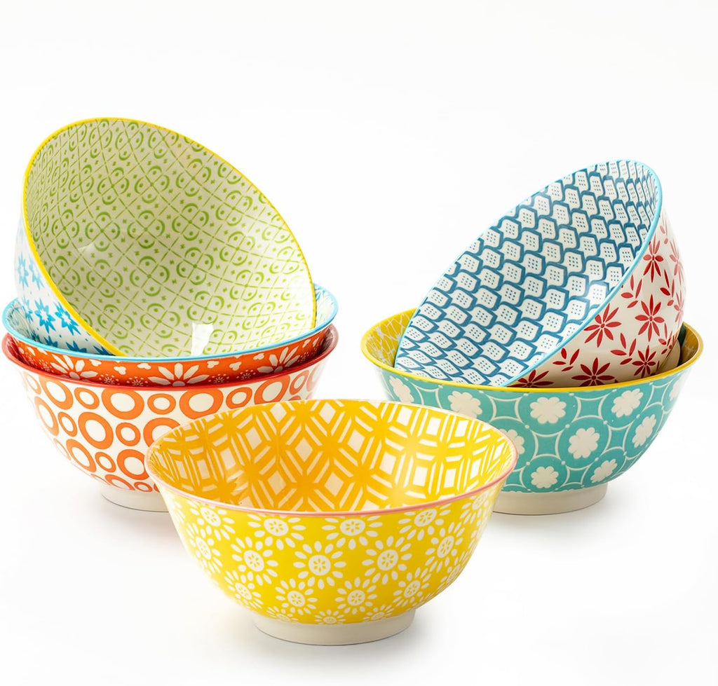 23 OZ Colorful Large Ceramic Bowl Set of 6， 6 inch Deep Porcelain Cereal Bowls for Soup, Salad, Snack and Rice, Dishwasher/Microwave safe