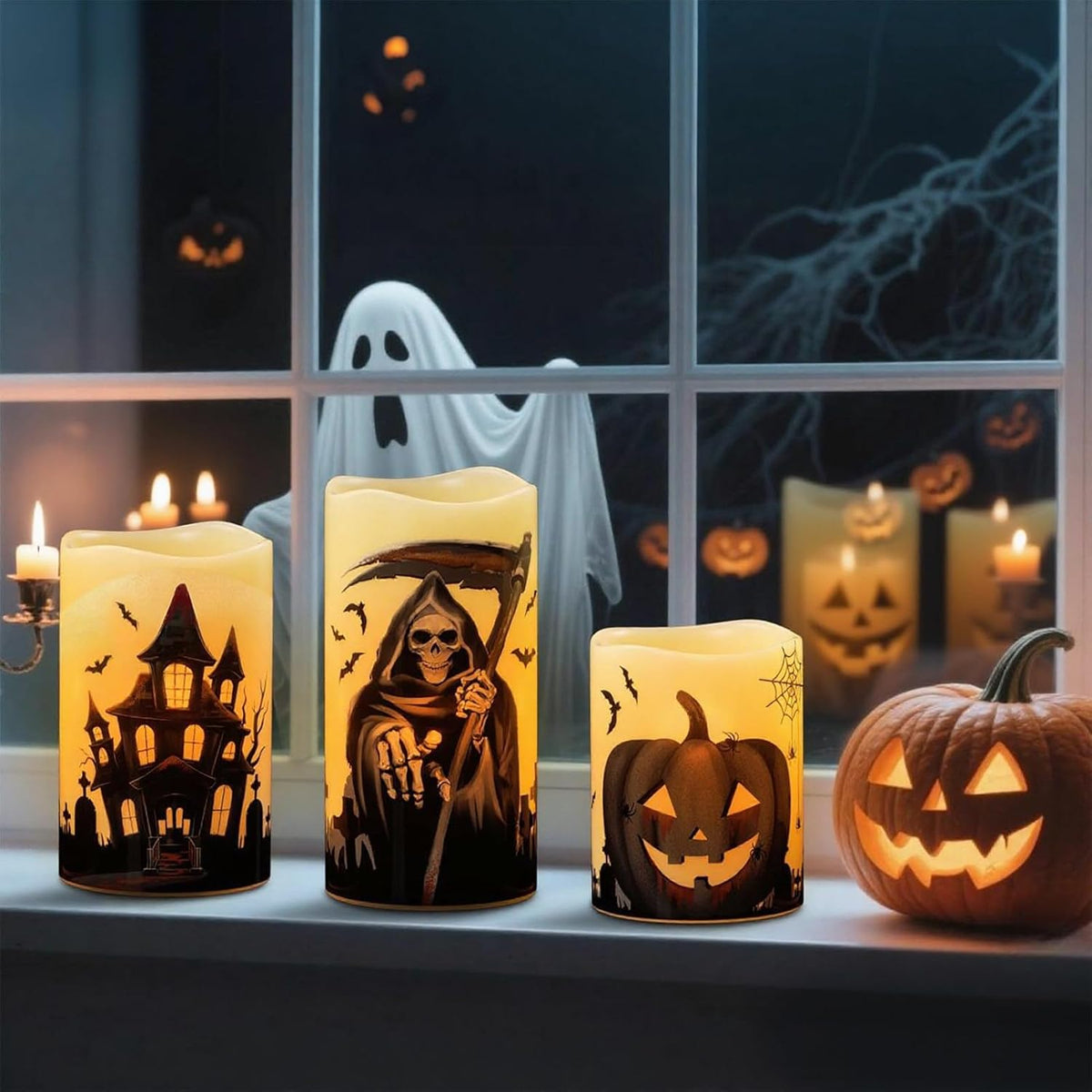 Wondise Halloween Flameless Flickering Candles with 6 Hour Timer, Battery Operated Real Wax Halloween Candles Set of 3 Halloween Decoration Grim Reaper, Haunted House, Pumpkin (3 x 4 5 6 Inch)