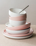 Famiware Milkyway Plates and Bowls Sets, 12 Pieces Dinnerware Sets, Reactive Glaze Dish Set, Stoneware Dishes Set for 4, Matte White & Light Pink