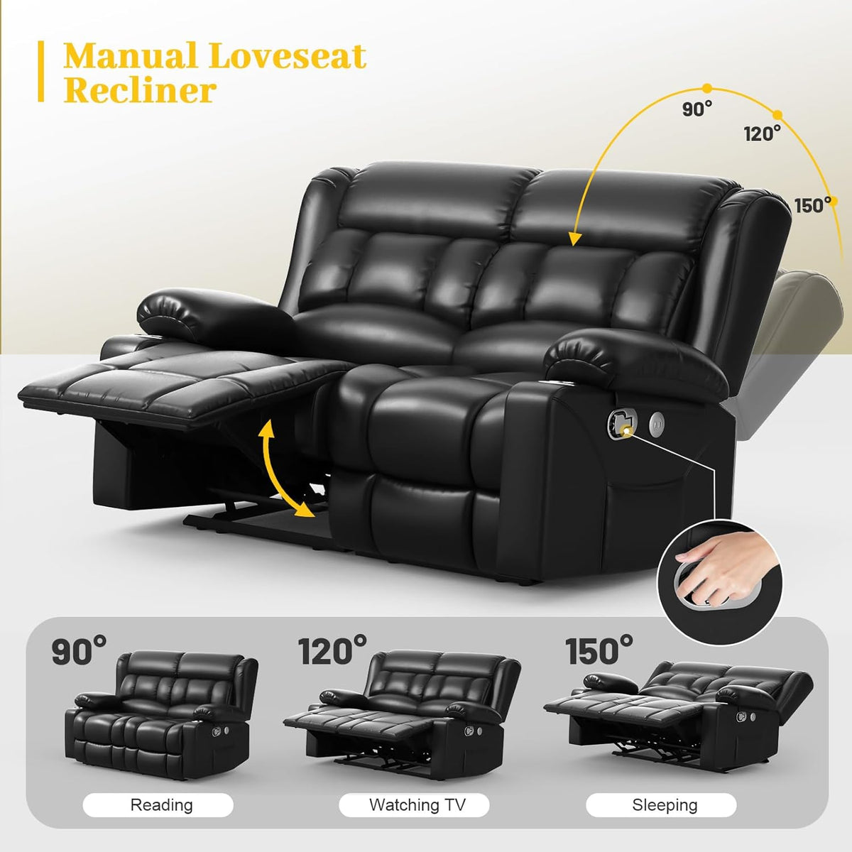 Loveseat Recliner Sofa Set with 2+1+1 Pieces, 2 Seater Minimalist Style Manual Pull Tab Reclining Loveseat with USB Charge Ports, Cup Holders, Recliner Couches for Living Room, RV, Black