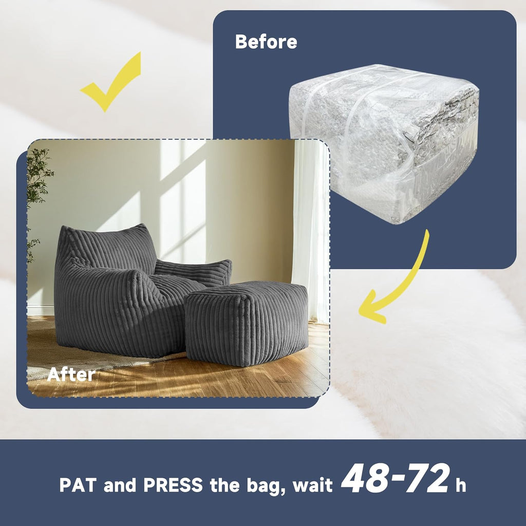 Giant Bean Bag Chairs for Adults, Oversized Chaise Lounge Chair Indoor with Memory Foam - Plush Boneless Lounger & Ottoman for Bedroom, Living Room, Gaming & Reading, Lazy Floor Sofa Chair, Gray