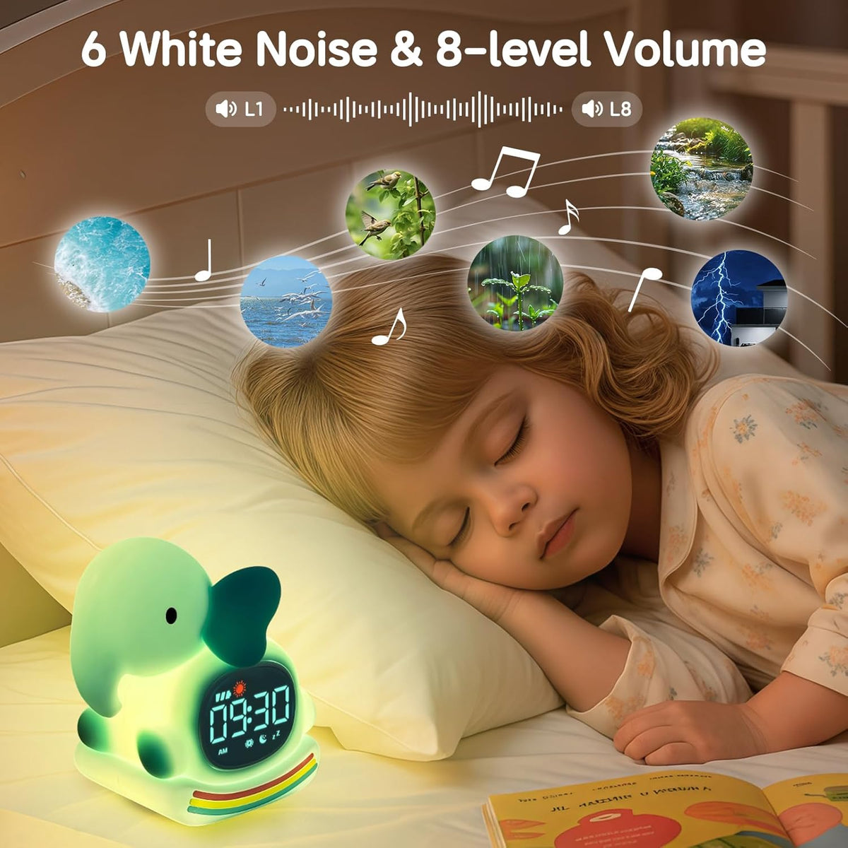 Alarm Clock for Kids with Night Light, Sleep Training Clock Time to Wake Clock, Rechargeable Silicone Light for Bedroom, Perfect Sleep Companion for Boys Girls, Green Elephant