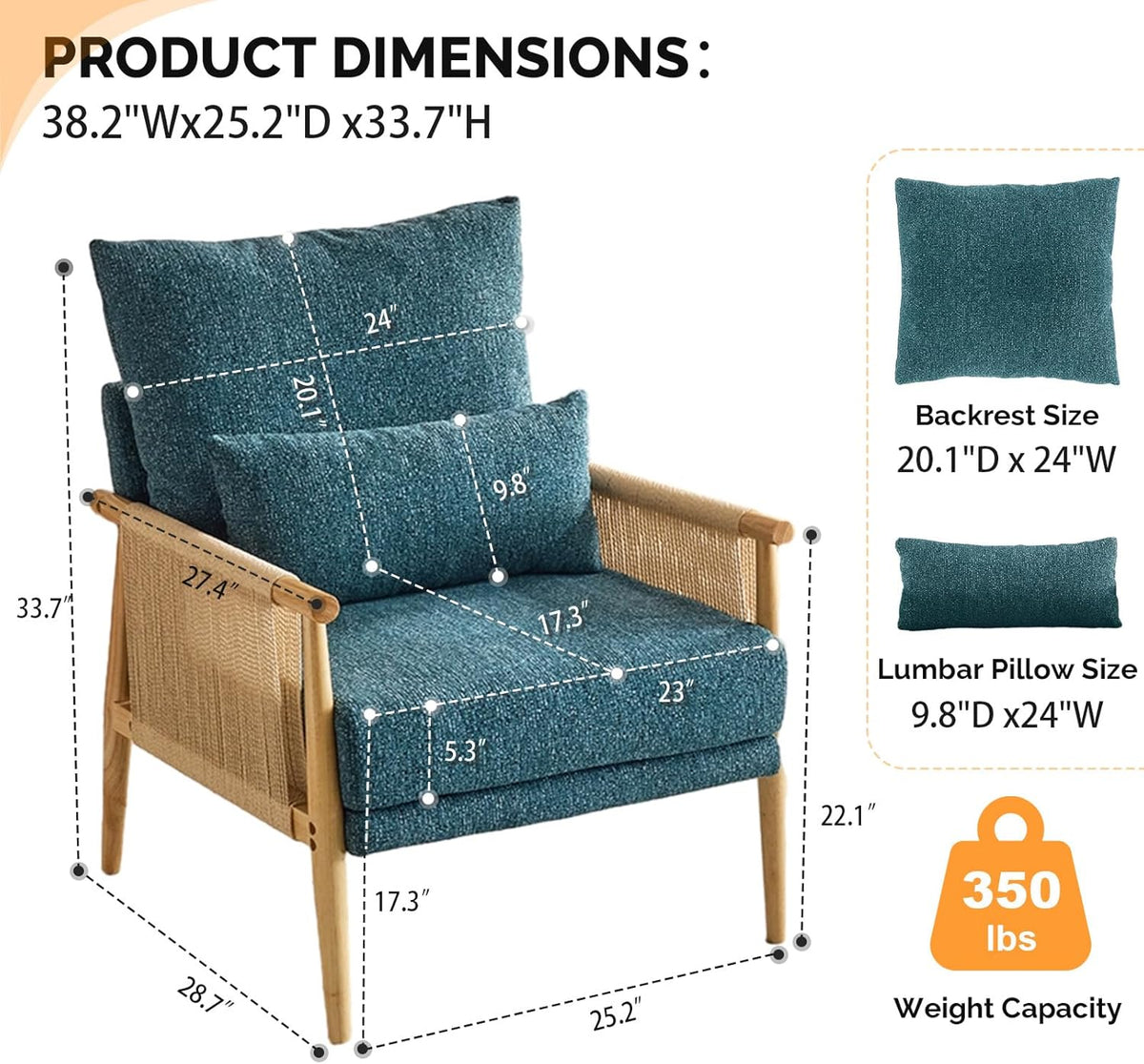 VINGLI Boho Braid Accent Armchair,Mid-Century Modern Chiar with Solid Wooden Armrest,Comfy Louge Cushion Chair with Waist Pillow for Bedroom,Living Room,Reading Room, Teal