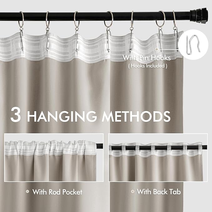 MIULEE Natural Back Tab Blackout Curtains 52x120 Inch Long 2 Panels Set | Rod - Image 3