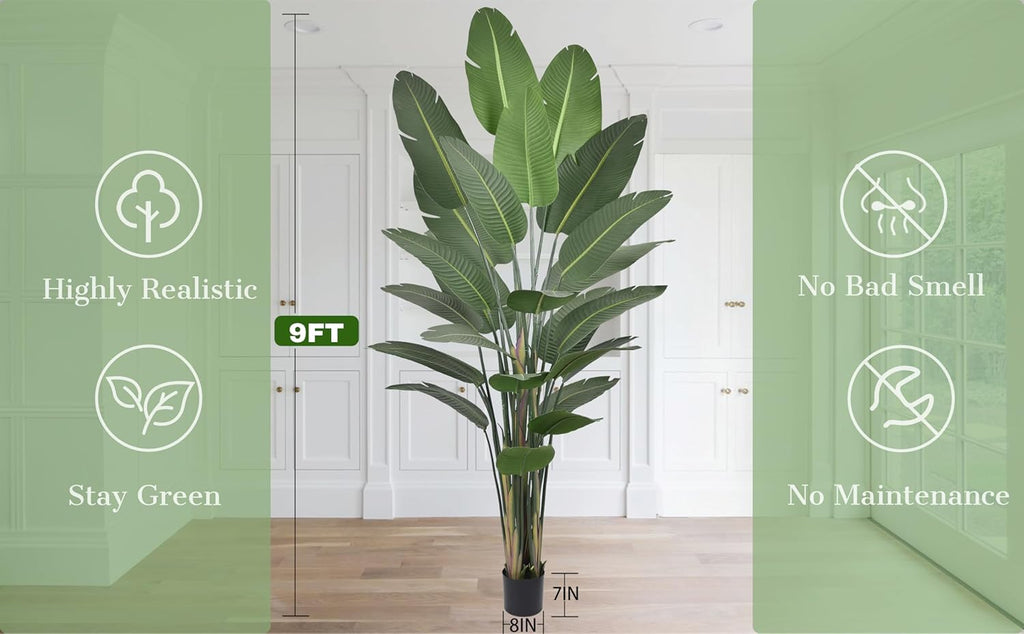 Artificial Bird of Paradise Plant 9ft Tall Fake Silk Banana Leaf Tropical Trees with 25 Leaves Faux Floor Plant for Home Decor Indoor, 106 Inch