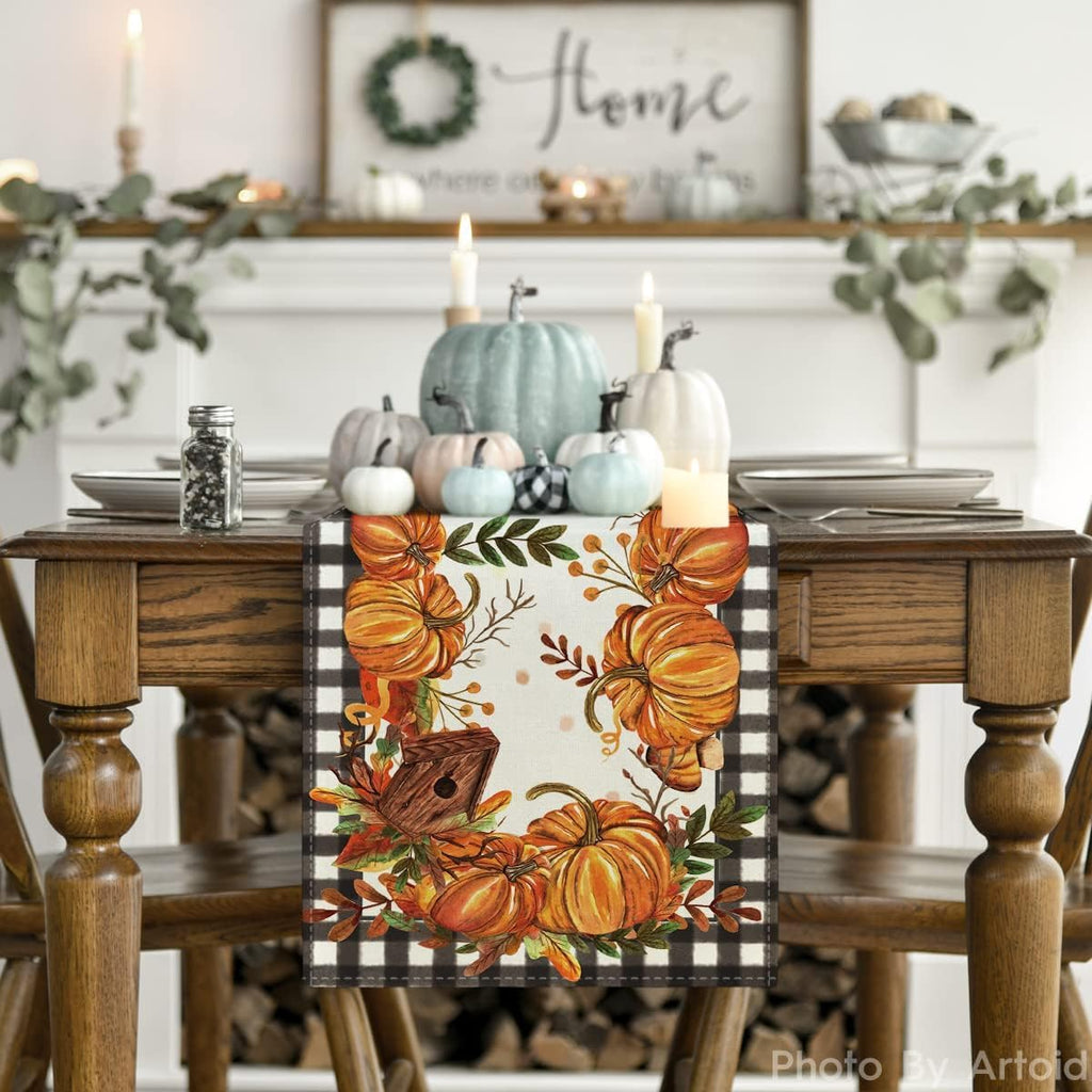 Artoid Mode Buffalo Plaid Pumpkins Mushrooms Birdhouse Leaves Table Runner, Seasonal Fall Harvest Vintage Kitchen Dining Table Decoration for Indoor Outdoor Home Party Decor 13 x 36 Inch