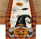 Artoid Mode Orange Black Buffalo Plaid Gnome Bat Pumpkin Ghost Halloween Table Runner, Sensonal Kitchen Dining Table Decor for Home Party 13 x 72 Inch
