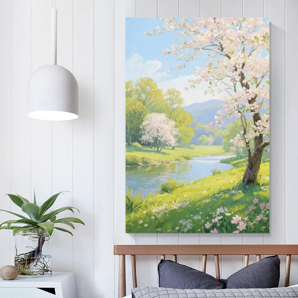The scenery of a stream between trees and cherry blossoms under the blue sky is suitable for posting in the living room bedroom office landscape posters