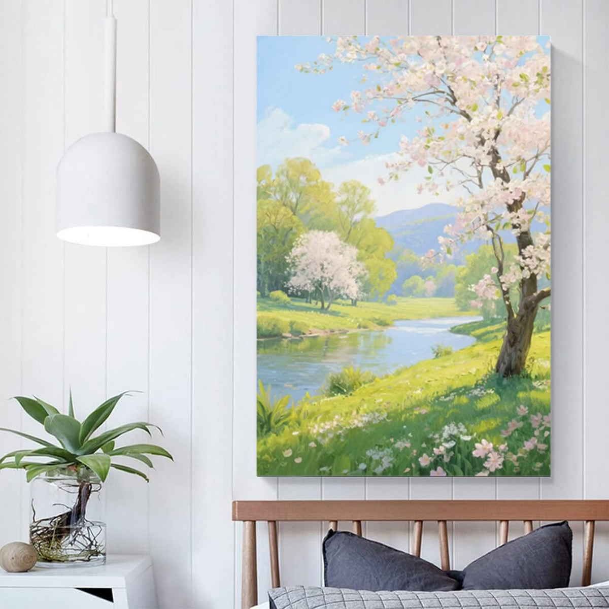 The scenery of a stream between trees and cherry blossoms under the blue sky is suitable for posting in the living room bedroom office landscape posters
