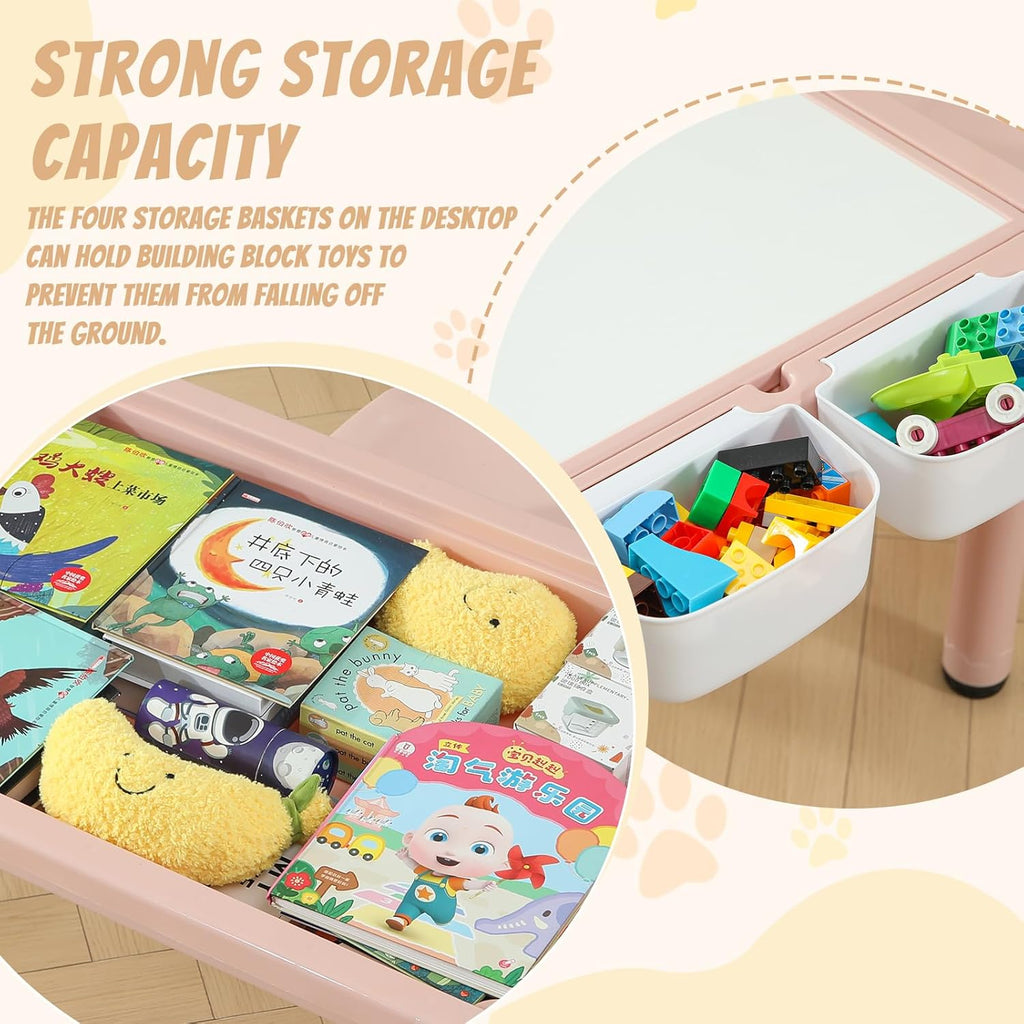 Multi Functional Kids Table and 2 Chairs Set, Graffiti & Building Blocks Double-Sided Tabletop, Toddler Play Table with Drawers, Large Storage Space, Gift for Boys/Girls, Pink