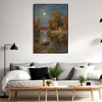 Small house by the stream under the moonlight tranquil style suitable for living room bedroom and office landscape poster wall art