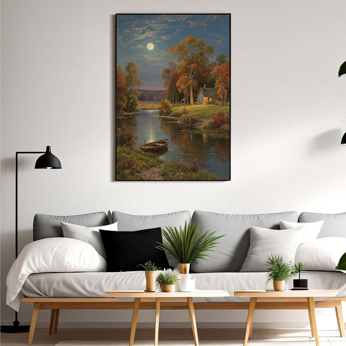 Small house by the stream under the moonlight tranquil style suitable for living room bedroom and office landscape poster wall art